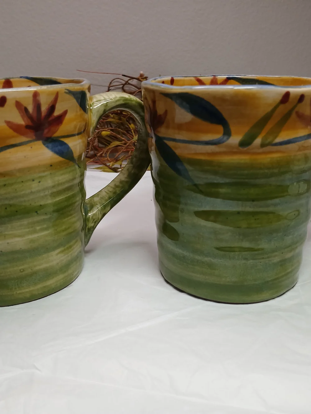 2 Pier 1 Hand-Painted Ceramic Mugs in Yellow, Green and Blue Elizabeth Style
